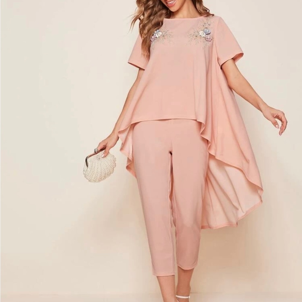 Co-ord Set Embroidered Peach Pink Top and Pants